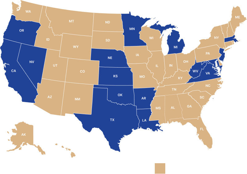 United States map showing 36 served states in gold and other states in blue